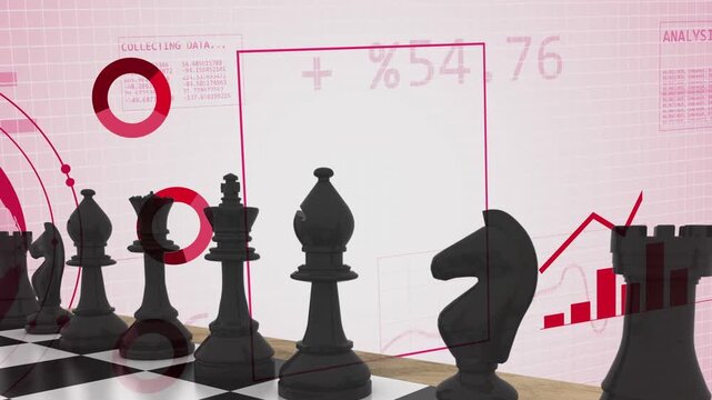 Red globe pulsing HUD orbiting binary panel filling charts rising chess pieces still showing data
