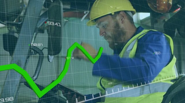 Site operator tapping tablet and adjusting levers for testing, overlay grid showing green graph