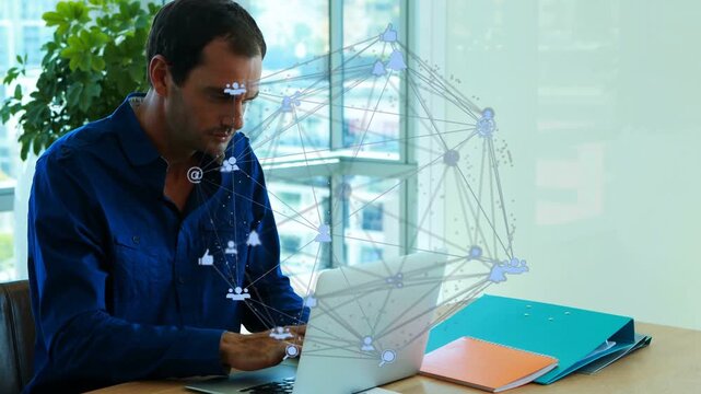 Man typing on laptop, causing network overlay while reaching orange folder, reviewing business docs