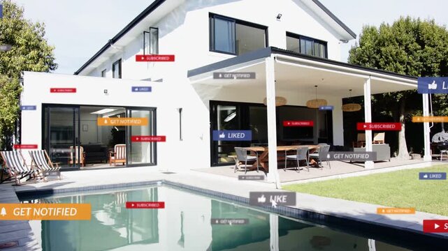 Incoming social badges popping over house and pool, rising, reflecting, fading, showing realty buzz