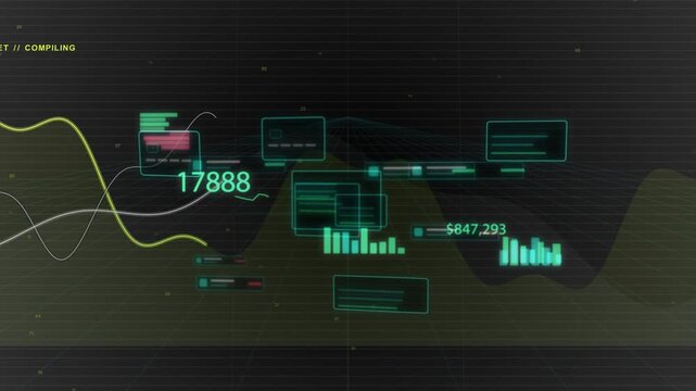 Floating HUD compiling after  or  or  COMPILING nodes fading trend lines sweeping showing data