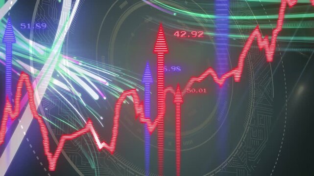 Light streaks sparking red jagged trend line rising, spawning arrows, bars, values showing momentum