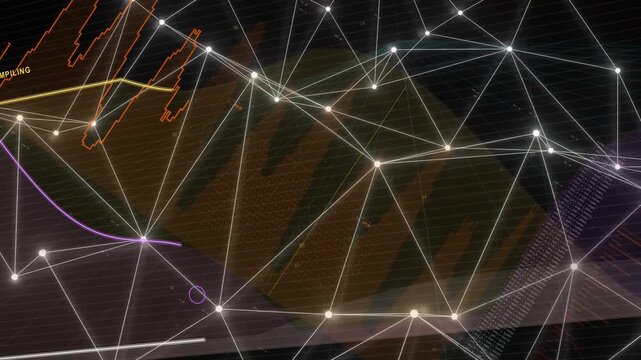White node mesh lighting up from left to right glow, reconfiguring, drawing curves visualizing data