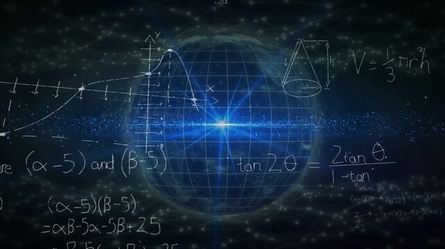 Starburst pulsing sparking wireframe globe rotating while math notations sliding, showing concepts