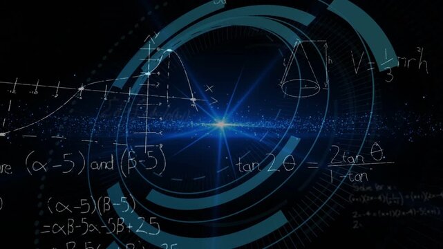 Central blue flare emerging sparking HUD rings forming rotating revealing equations showing math