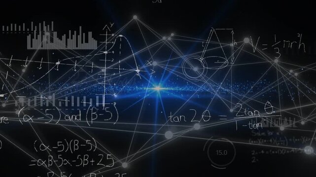 Central blue core pulsing, nodes redrawing links and formulas appearing, visualizing data network