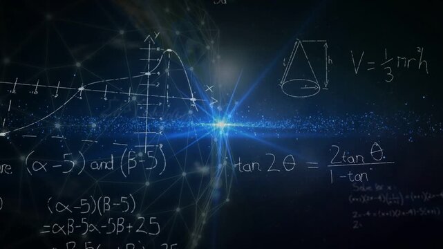 Bright blue point emerging and sending flare, pulsing while revealing particle band and math notes