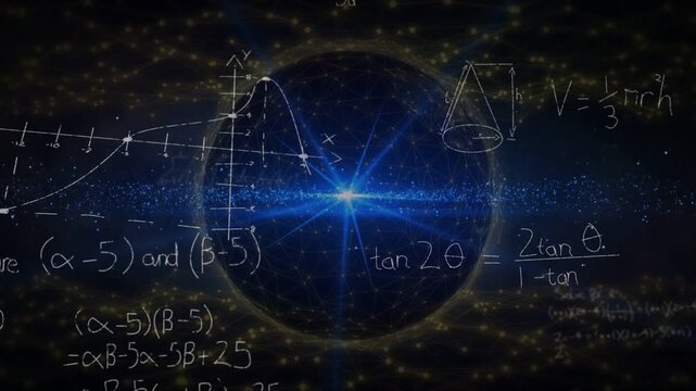 Central blue starburst appearing, spawning chalk equations and graphs, visualizing space math