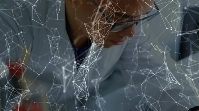 Male technician leaning in, camera pulling closer, inspecting PCB with mesh overlay for electronics