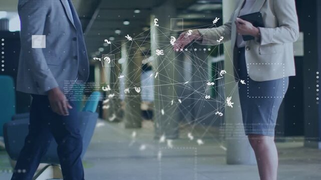 Man coming to woman with tablet extending hand network pulsing cash around hands closing biz deal