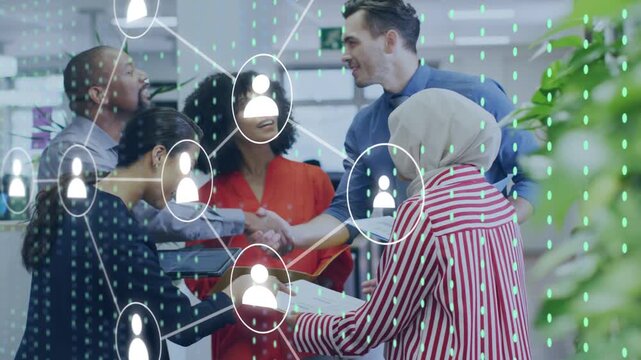 Office team swapping papers, shaking hands after tablet tap, network overlay expanding for handoff
