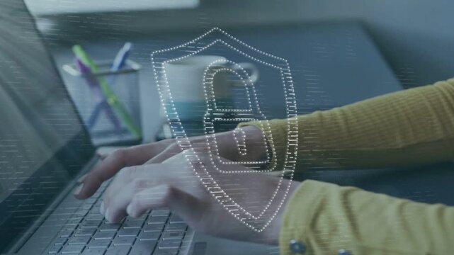 Woman typing keys, causing dot lock shield over hands, lifting mug, using phone securing tech data