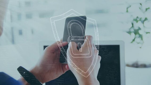 IT professional hands tapping smartphone above laptop, fingerprint shield animation securing login