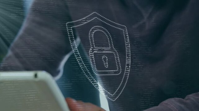Man tapping tablet in cafe, activating hologram shield padlock centering over device for security