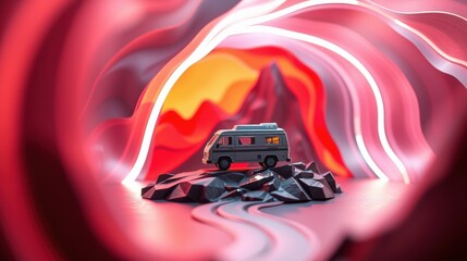 Obraz premium Van travels through swirling, abstract tunnel. Warm colors dominate scene, creating surreal atmosphere. Rocks form base.