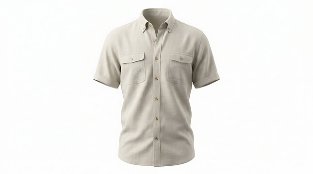 Light beige short sleeve button down shirt with chest pockets displayed front view transparent background
