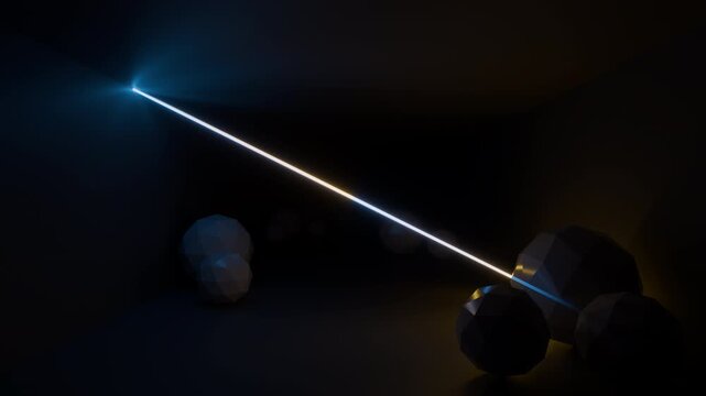 Abstract seamless looped animation of neon light line running loop triangle, lasers and lines bouncing around and moving forward within a dark tunnel. 4K footage video loop. Empty space. 3d animation