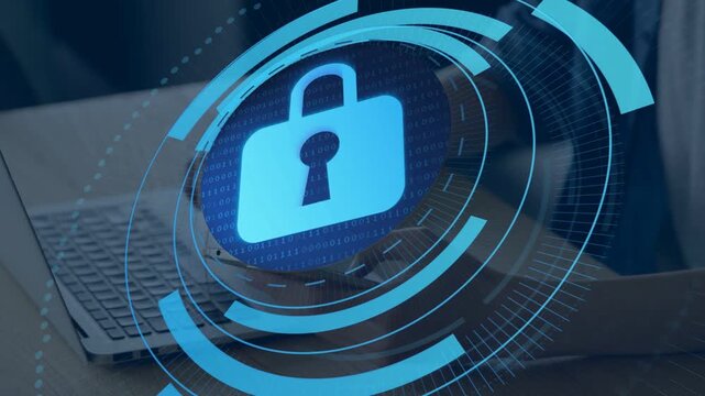 Man tapping phone and typing laptop at desk, calling HUD rings revealing blue padlock securing tech