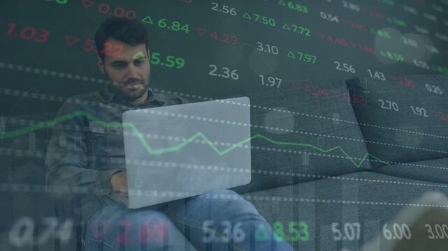 Man adjusting laptop while market tickers updating, analyzing finance charts and showing key values