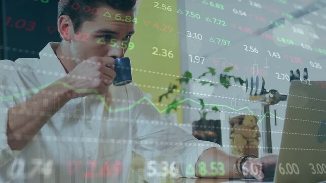 Man sipping espresso monitoring stocks, glancing at laptop and using trackpad, making tickers rise