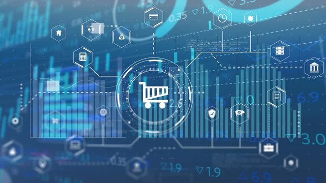 Cart emerging ring pulsing charts rising icons connecting numbers settling showing commerce metrics