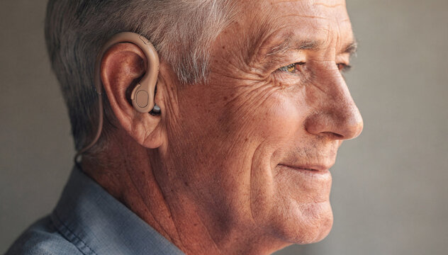 Elderly man with greying hair and wrinkles, wearing a discreet assistive listening device, looking contemplative and tranquil, bathed in soft, natural light, conveying a sense of peace and life experi