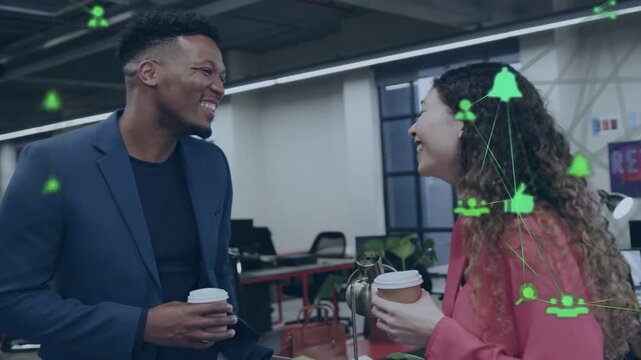Male workmate with cup smiling starting chat to bond with woman green network icons growing right