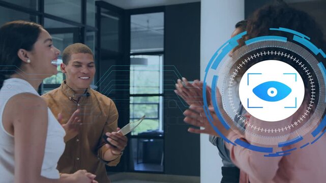 Group of four colleagues celebrating in business, woman presenting glass award causing HUD growing