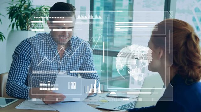 Pair picking up reports in business HUD graphs animating while manager confirming numbers on phone