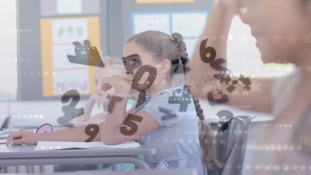 Braided girl answering class prompt, raising hand and speaking while numbers floating over students