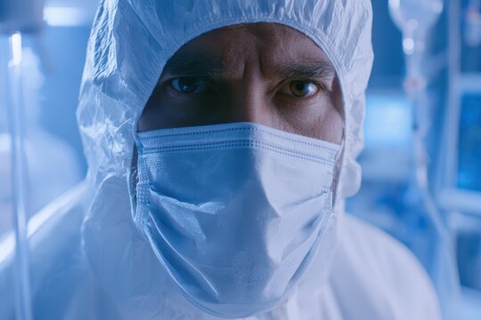 Close-up portrait of a scientist in a hazmat suit and face mask, intense gaze, laboratory background