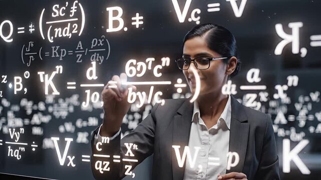 Intelligent Woman Solving Complex Mathematical Equations on a Futuristic Screen.