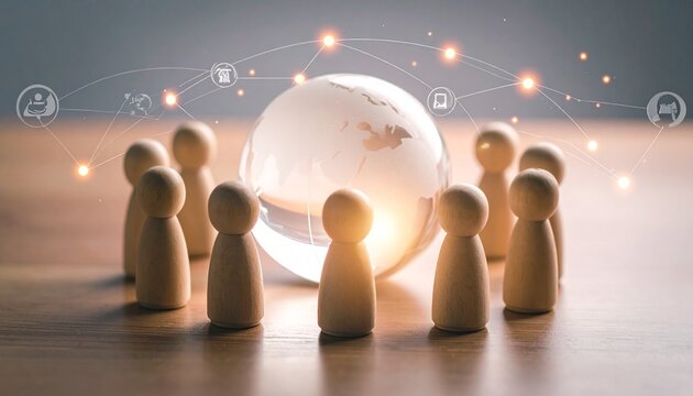 Wooden figurines arranged in circle around glowing globe with blue light and arcing lines, symbolizing worldwide connection, teamwork, and global communication in modern conceptual design.