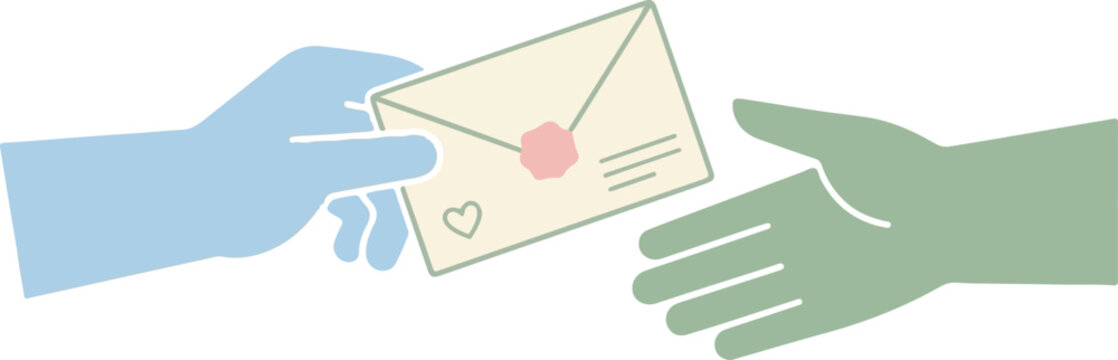 Minimalist hand giving love letter vector, flat style hands exchanging envelope with wax seal, romantic mail delivery illustration