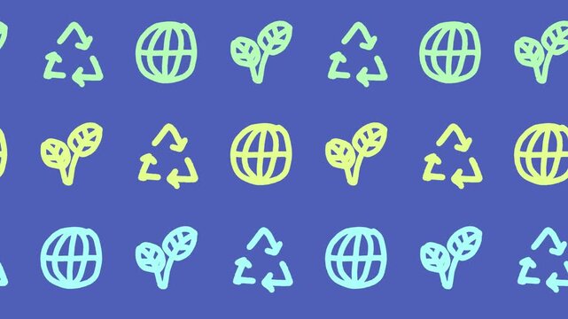 Hand-drawn seamless pattern with ecology recycle and globe icons on a blue background animation for cute colorful doodle sustainability wallpaper with recycling arrows planet and leaf symbols.