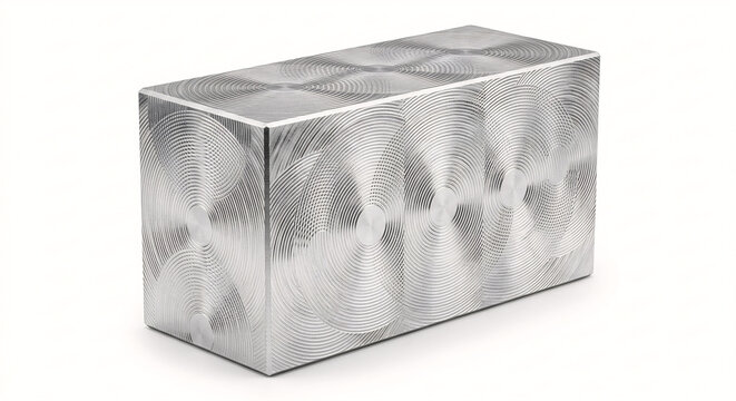 Raw CNC-machined aluminum billet block showing overlapping circular tool path milling marks.
