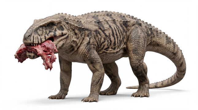 Prestosuchus chiniquensis holding a piece of prey meat in its mouth, realistic 3D reconstruction of a Triassic archosaur predator on a clean white background with detailed anatomy.