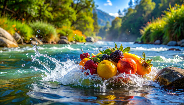 Colorful fruits splashing river water