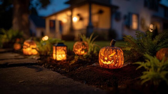 Captivating night scene of glowing Halloween pumpkins lined along a path, creating a spooky ambiance perfect for autumn celebrations and festive gatherings outside homes.
