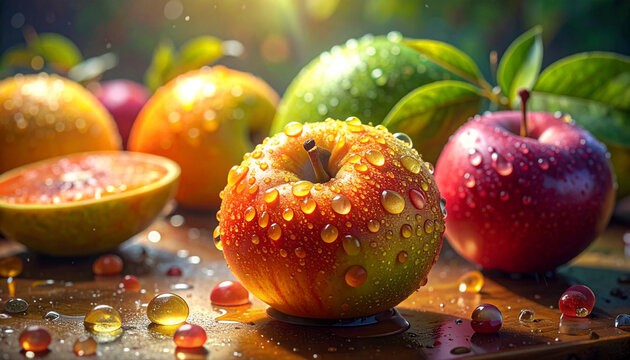 Fresh wet fruits under sunlight