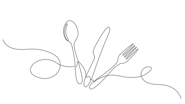 animated continuous line drawing of cutlery. fork, spoon and knife line art animation