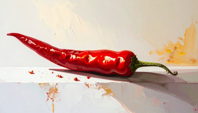 Glossy red chili pepper with green stem beside pile of crushed flakes on white surface, symbolizing spice, flavor, and culinary vibrancy through color and texture contrast.