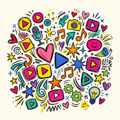 Obraz premium Colorful doodle composition features various icons and symbols in a playful arrangement
