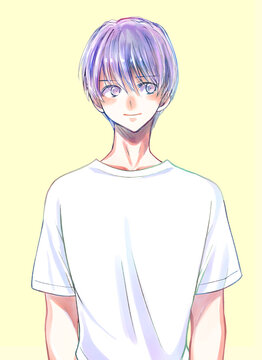 Tシャツの男性　半袖　白色　笑顔　上半身