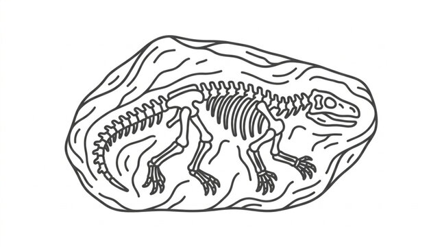 Dinosaur Skeleton Fossil Embedded in Rock Illustration.