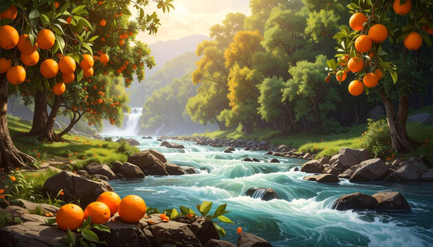 Fresh oranges by rushing river