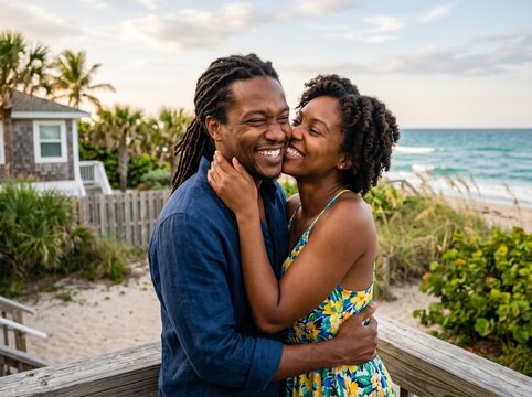 Um casal trocando afeto na praia