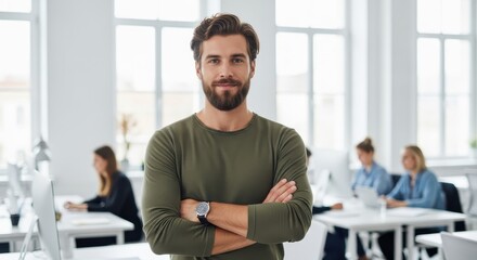 Fototapeta premium Confident Young Businessman Standing with Arms Crossed in a Modern Bright Open Plan Office Environment