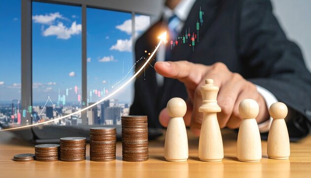 Business concept scene with suited figure pointing at glowing upward curve, coins stacked in ascending order, chess pieces symbolizing strategy, cityscape and stock graphs background.