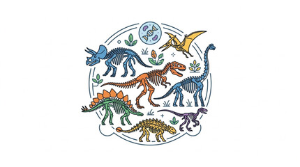 Collection of colorful dinosaurs and prehistoric plants in a circular design. © Sak